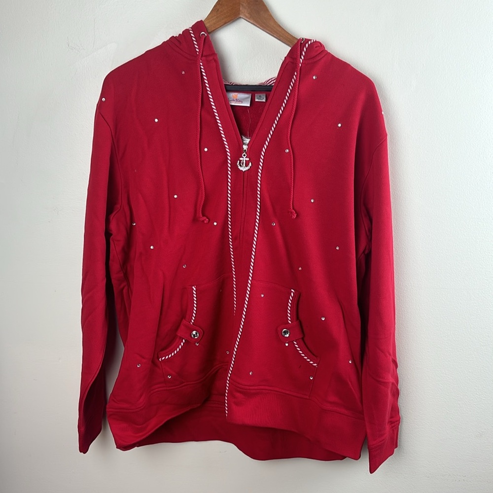 NWT Quacker Factory Red Hoodie Sweater Zipper Jacket XL A214929